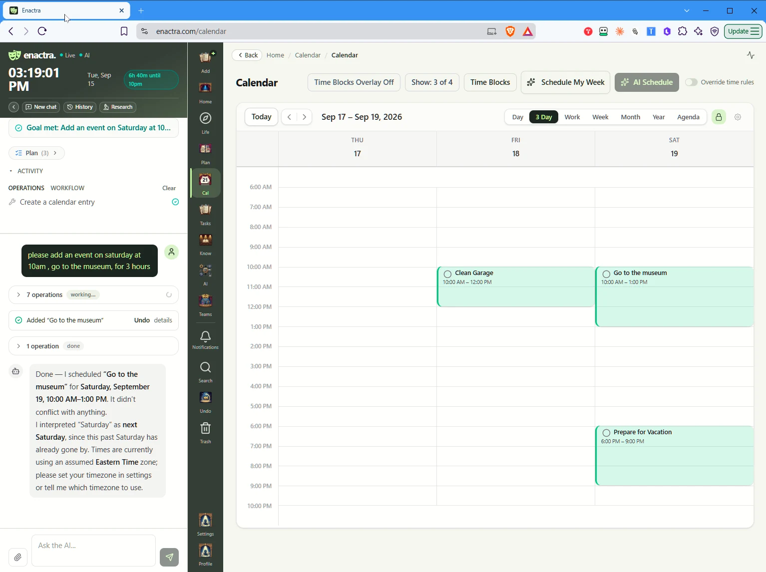 A chat conversation using tools to organize tasks in Enactra