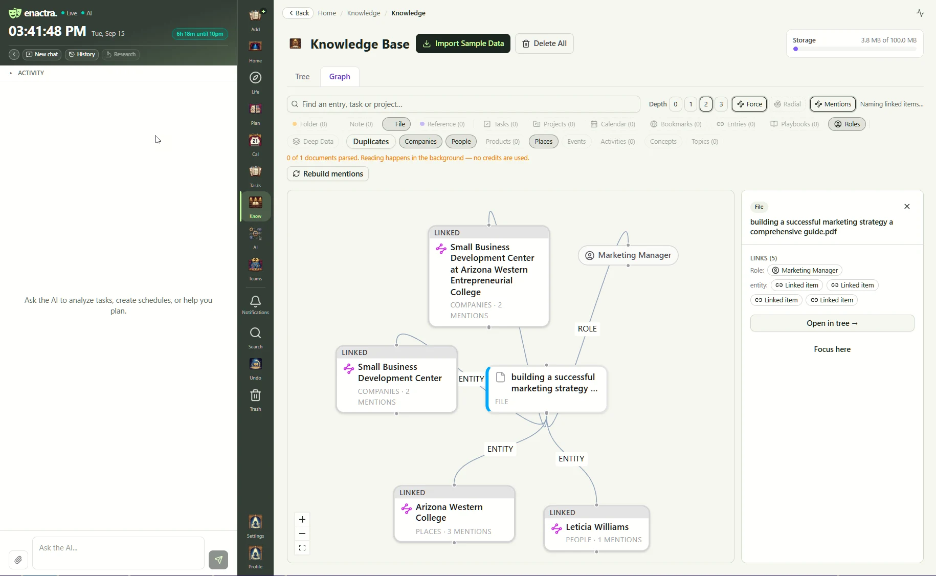 A knowledge graph linking notes, bookmarks, tasks, and projects in Enactra