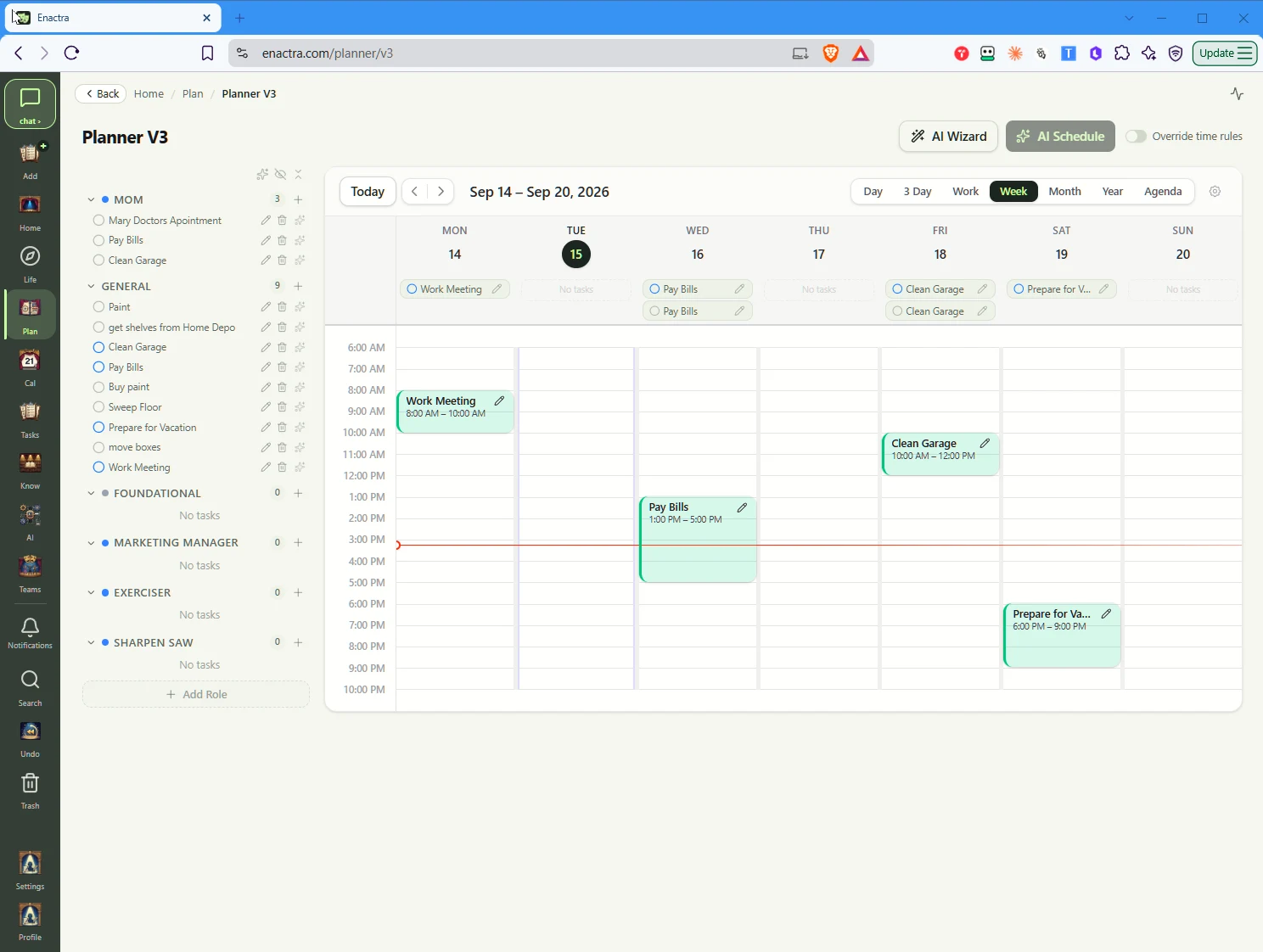 Enactra planner view with tasks and calendar events